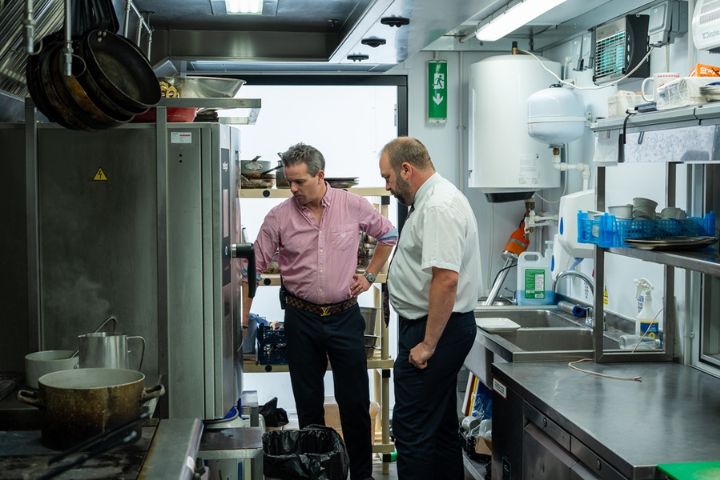 Temporary kitchen featuring a combi oven, warewashing station, range oven and other commercial catering equipment